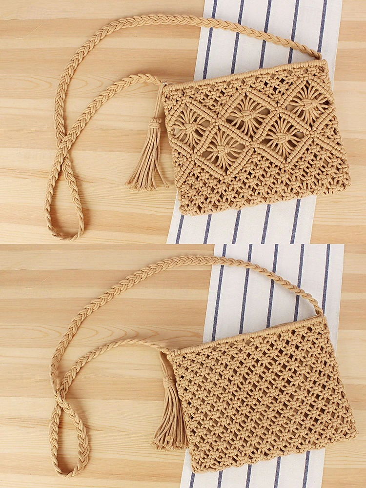Women's Handwoven Boho Crossbody Bag – Vintage Macrame Shoulder Purse with Tassel for Beach Vacations and Casual Outfits Color Black White Pink