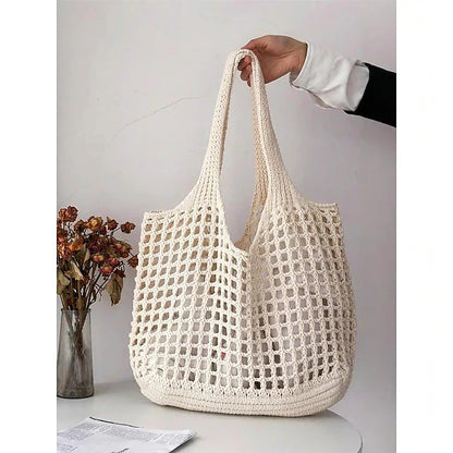 Handmade Crochet Mesh Tote Bag – Lightweight & Eco-Friendly Beach Shoulder Bag, Boho Style, Reusable Shopping Bag for Women, Summer Vacation & Daily Use