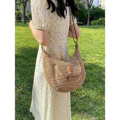 Women's Large Capacity Handmade Woven Straw Saddle Bag Shoulder Bag - Bohemian Crossbody Bag with Front Pocket, Summer Beach Tote Bag, Casual Travel Tote Bag for Vacation, Shopping and Daily Use