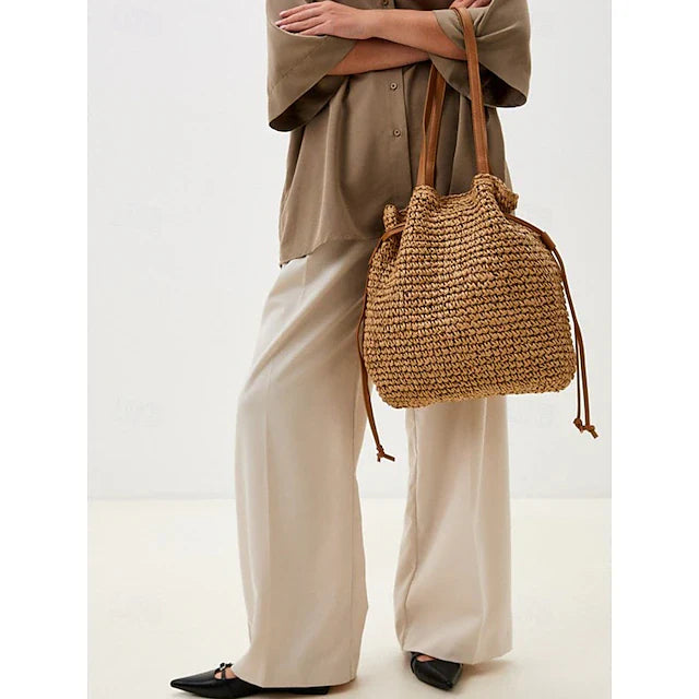 Handwoven Straw Bucket Bag – Boho Drawstring Shoulder Tote, Lightweight Summer Beach Handbag for Women, Casual Vacation & Travel Accessory Color Beige Coffee