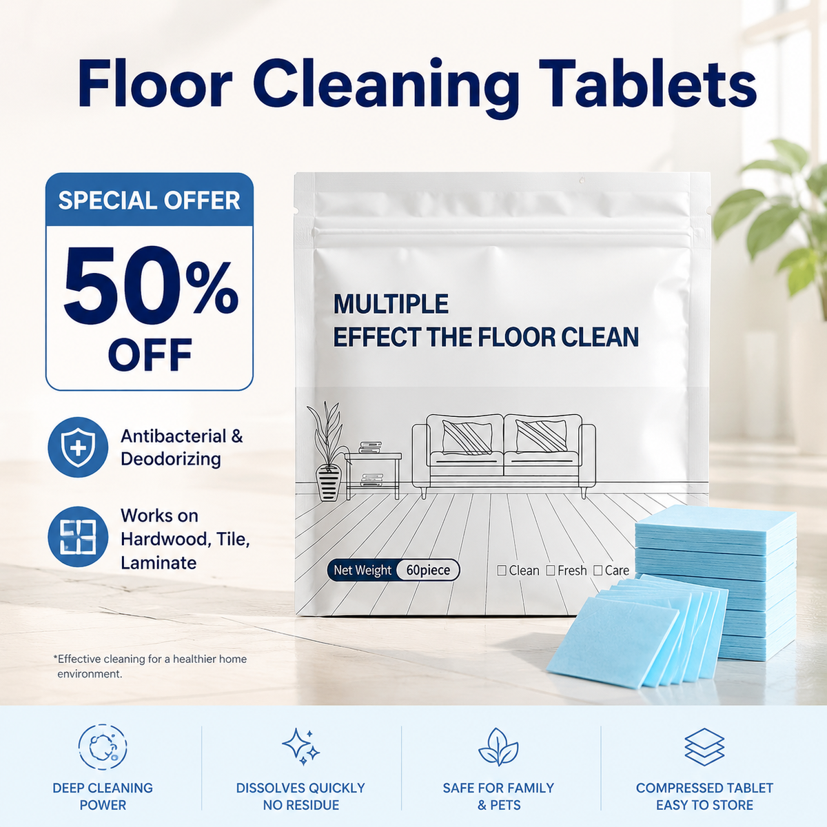 PKNEW® 🔥Floor Cleaning Tablets Multi-Surface Cleaner for Hardwood Laminate Tile & RV Walls Antibacterial Deodorization Maintenance