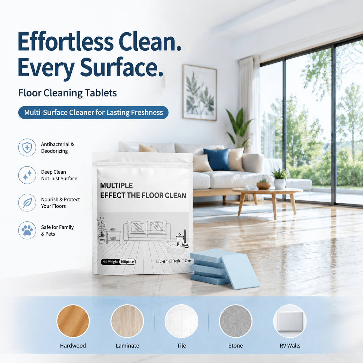 PKNEW® 🔥Floor Cleaning Tablets Multi-Surface Cleaner for Hardwood Laminate Tile & RV Walls Antibacterial Deodorization Maintenance
