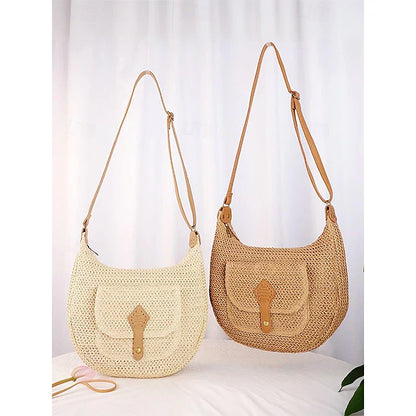 Women's Large Capacity Handmade Woven Straw Saddle Bag Shoulder Bag - Bohemian Crossbody Bag with Front Pocket, Summer Beach Tote Bag, Casual Travel Tote Bag for Vacation, Shopping and Daily Use