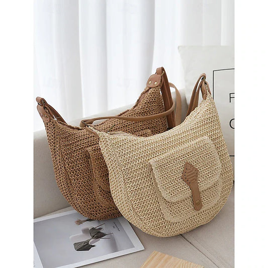 Women's Large Capacity Handmade Woven Straw Saddle Bag Shoulder Bag - Bohemian Crossbody Bag with Front Pocket, Summer Beach Tote Bag, Casual Travel Tote Bag for Vacation, Shopping and Daily Use