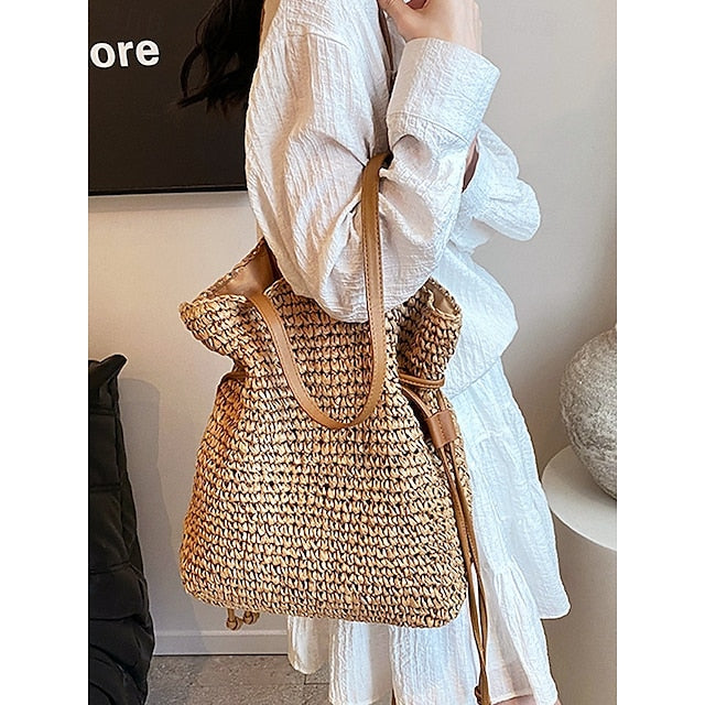 Handwoven Straw Bucket Bag – Boho Drawstring Shoulder Tote, Lightweight Summer Beach Handbag for Women, Casual Vacation & Travel Accessory Color Beige Coffee