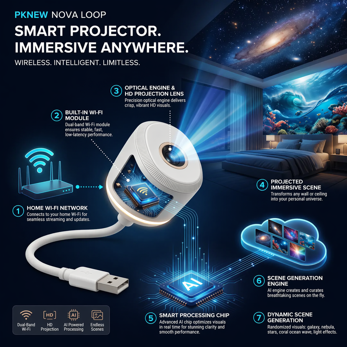 💥PKNEW® NEXT-GEN SMART PROJECTION HD Smart Dynamic 5D Holographic Night Light Projector💎
