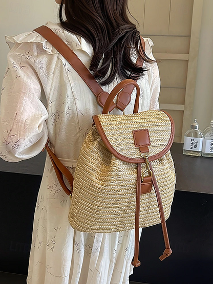 Straw Backpack for Women – Boho Woven Rattan Travel Bag with Leather Straps, Chic Summer Beach Rucksack, Casual Vacation & Daily Use Handbag White Pink Brown