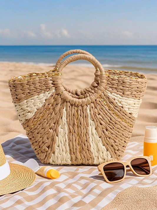 Women’s Stylish Woven Straw Beach Bag with Circular Handles, Large Capacity, Eco-friendly Boho Design, Perfect for Summer, Vacations and Day Trips
