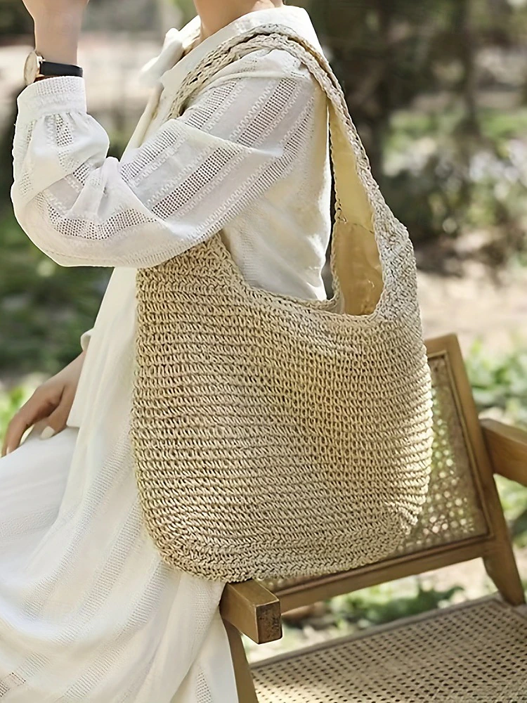 Women's Handmade Woven Straw Shoulder Bag – Large Boho Beach Tote for Summer Travel, Vacation and Casual Outfits