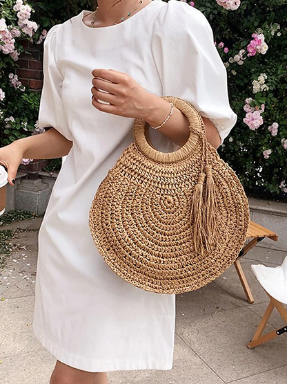 Women's Large Capacity Handmade Woven Straw Round Tote Bag - Bohemian Beach Tote with Tassels, Summer Vacation Rattan Wallet for Travel, Shopping and Vacation Brown Beige